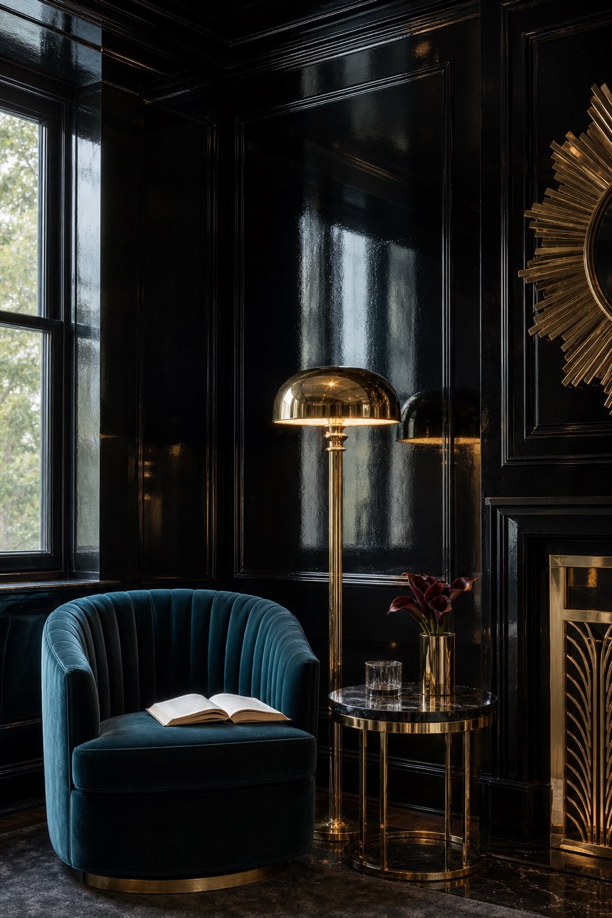 High-gloss black color-drenched Art Deco living room corner with a brass floor lamp and velvet armchair — black field