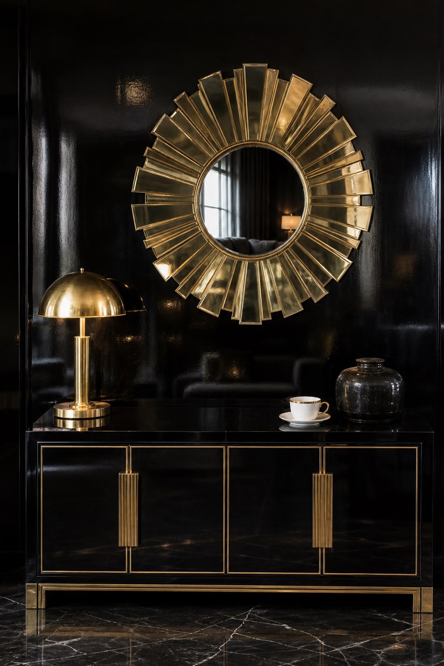 Brass sunburst mirror centered on a high-gloss black wall above a black-lacquer console — art deco black living room