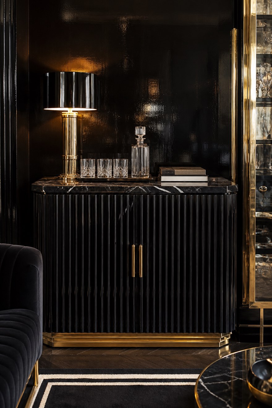 Fluted black bar cabinet with a Nero Marquina black-marble top and polished brass against a black-gloss wall
