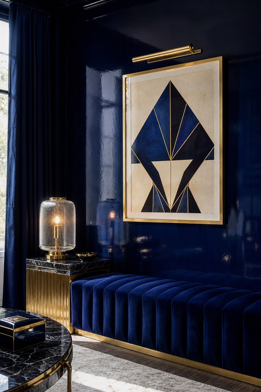 Lacquered sapphire-navy Art Deco statement wall with a brass picture light and channel-tufted velvet bench — blue field