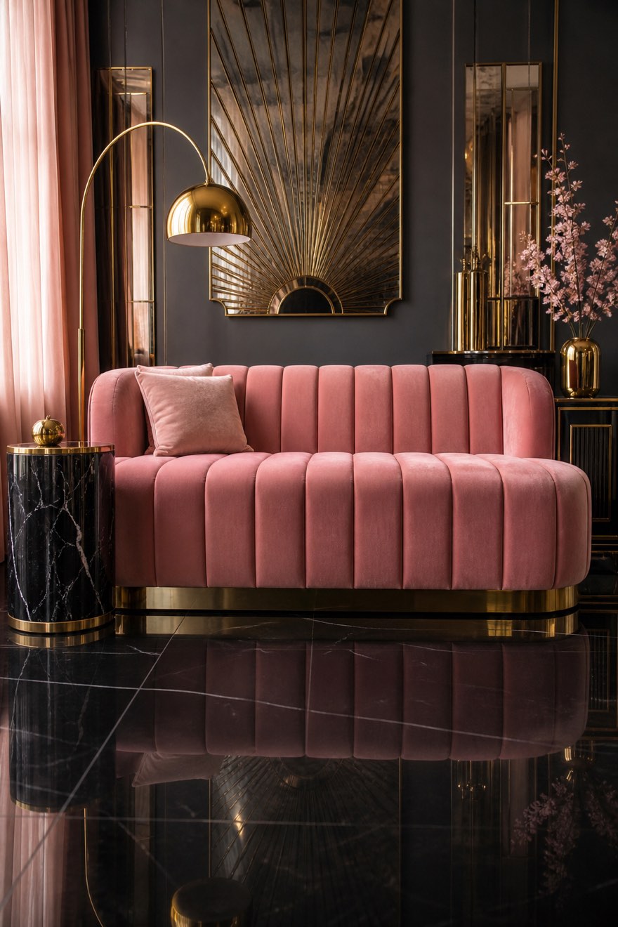 Blush channel-tufted velvet sofa with brass legs on a black-gloss floor — pink Art Deco living room statement