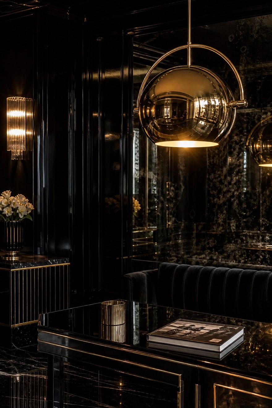 Polished brass globe pendant over a black-lacquer table in a high-gloss black Art Deco room — black field, brass light