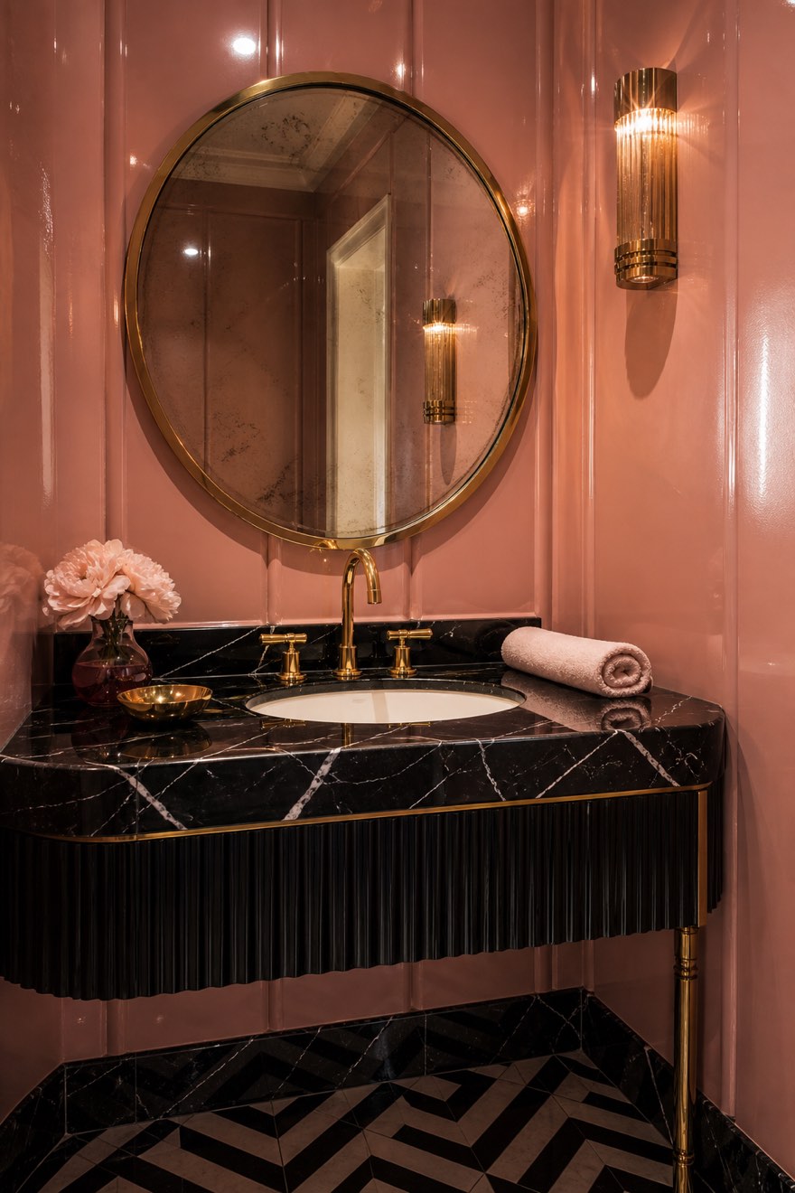Old-Hollywood blush powder room: glossy pink walls, black marble vanity and polished brass fittings — blush field