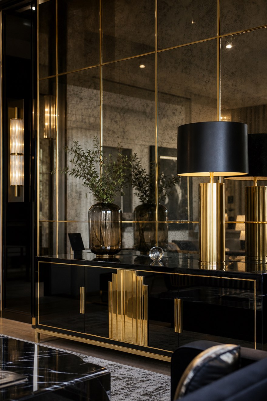 Wall of antiqued smoked-mirror panels with brass dividers and a black-lacquer credenza — smoked-grey, black field