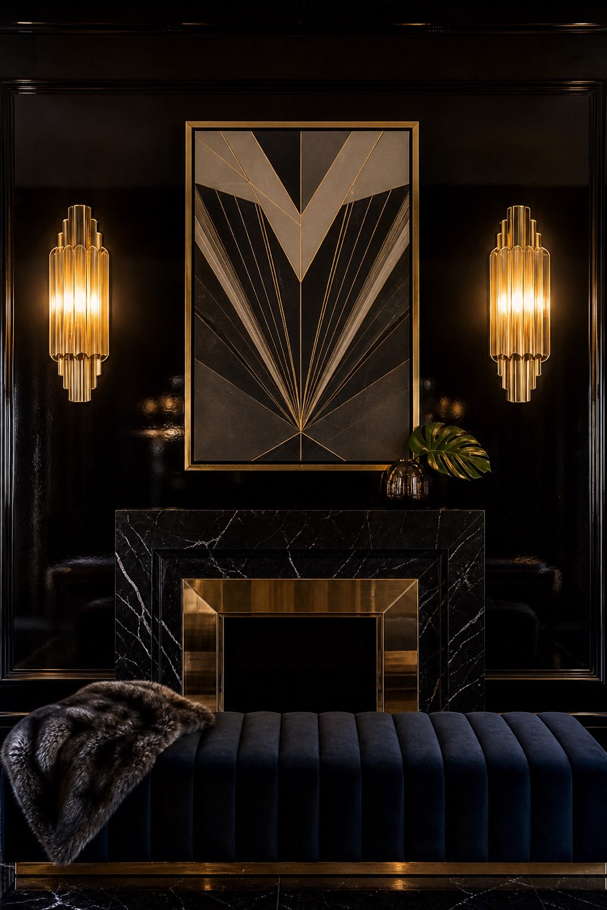 Pair of fluted brass wall sconces flanking a black-marble fireplace on a high-gloss black wall — black Art Deco