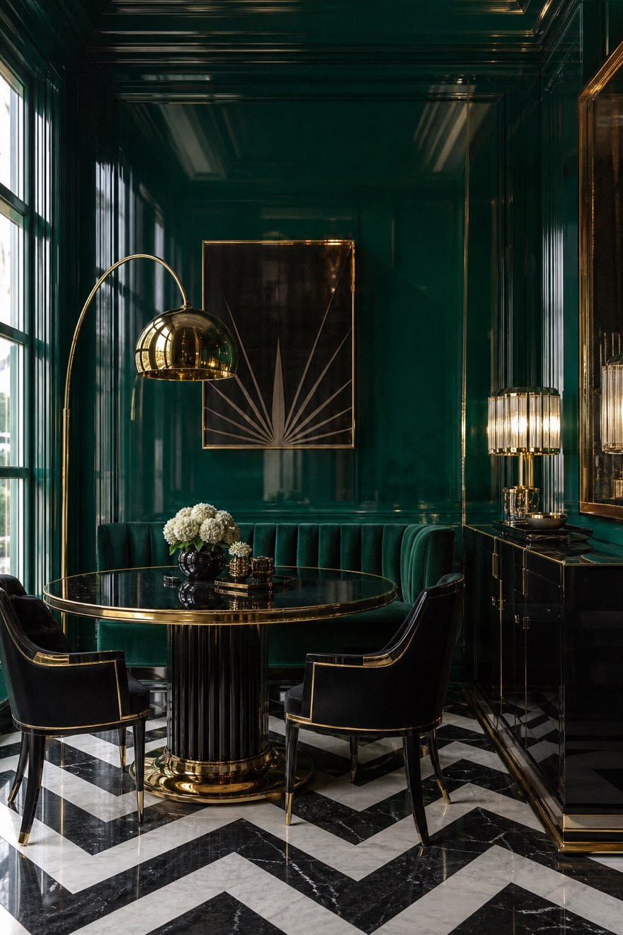 High-gloss emerald Art Deco dining nook with a black-and-white chevron floor, brass and black velvet — emerald field