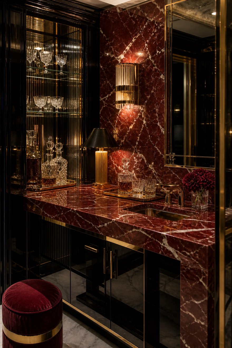 Wine-red Rosso Levanto marble bar nook against high-gloss black cabinetry and polished brass — red marble field