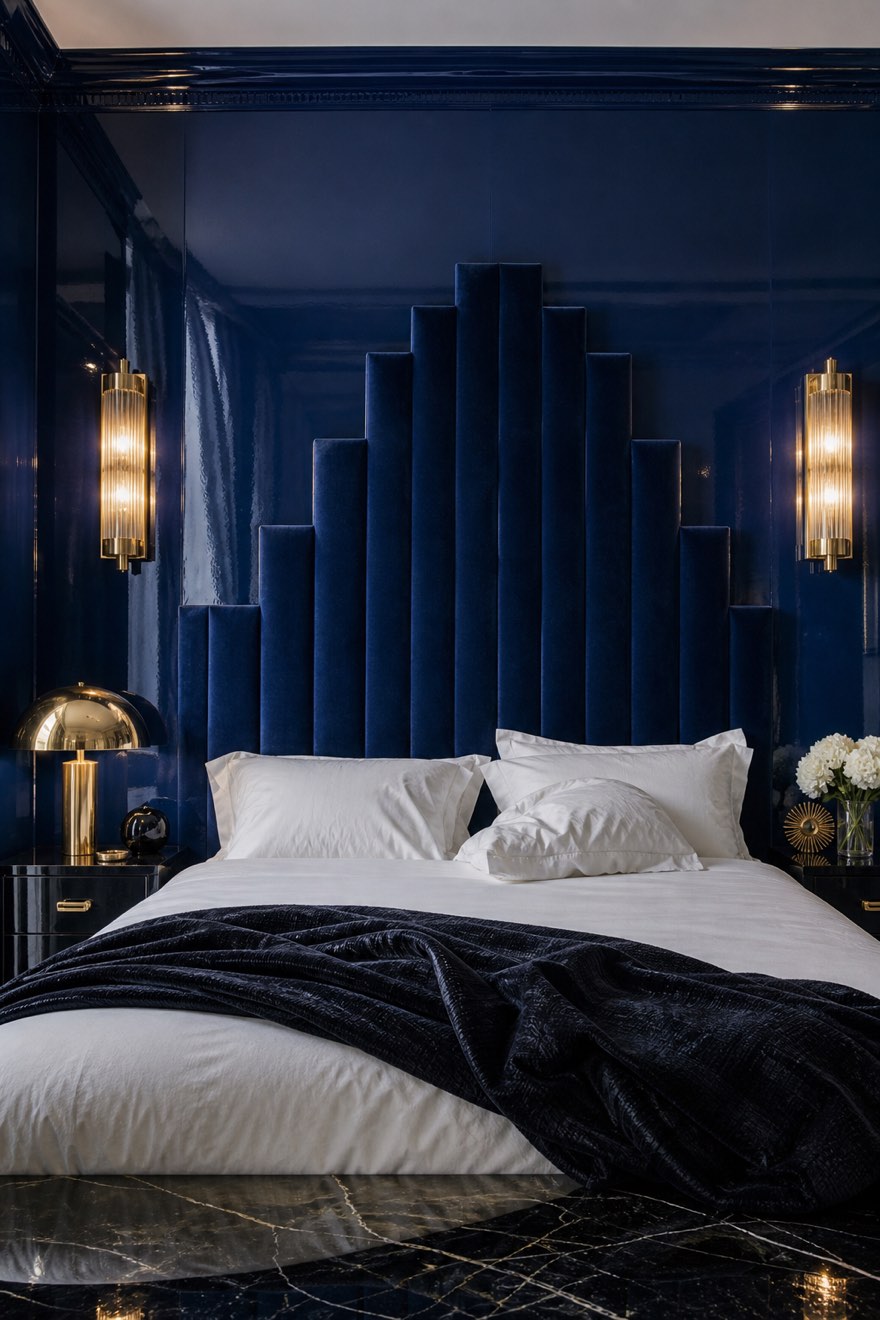 Deep sapphire bedroom with a stepped skyscraper velvet headboard and brass sconces — blue Art Deco field