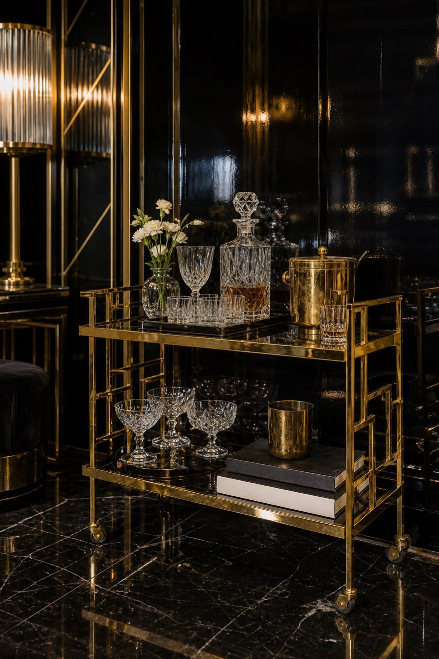 Brass-and-glass Art Deco bar cart styled with cut crystal against a black-gloss wall — black-and-gold field