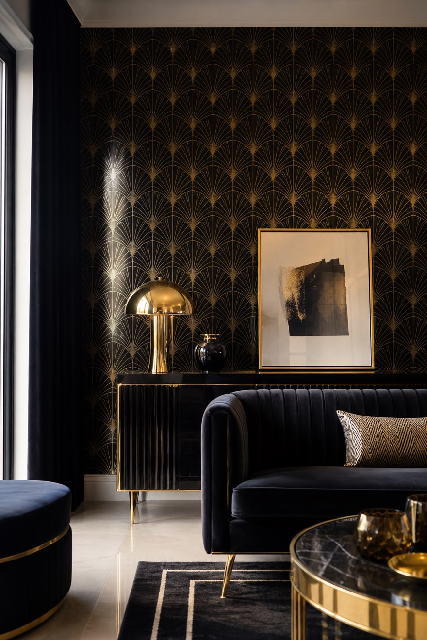 Black-ground Art Deco fan-motif wallpaper accent wall behind a black console and velvet sofa — black patterned field