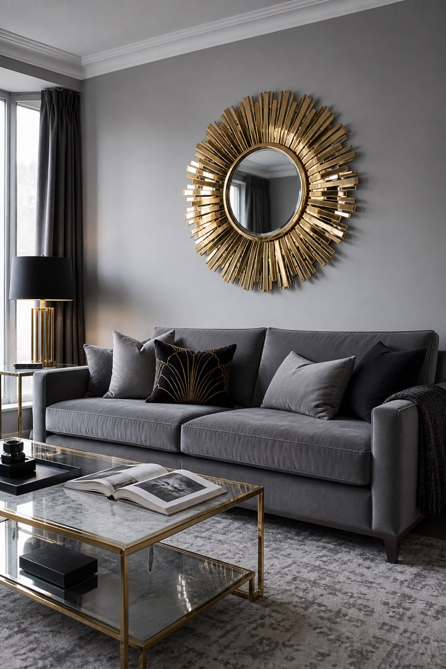 Cool grey modern living room anchored by one brass sunburst mirror — Art Deco mixed into a neutral room