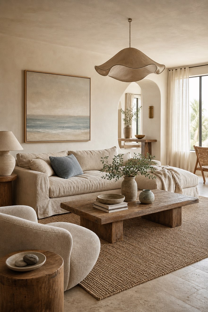 Modern coastal living room in warm sand and greige with a linen slipcovered sofa and jute rug — coastal decor base