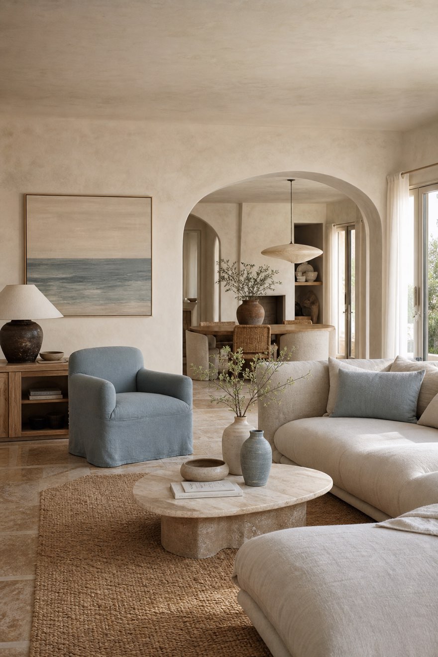 Modern coastal living space with one muted soft slate-blue accent, warm sand and weathered oak