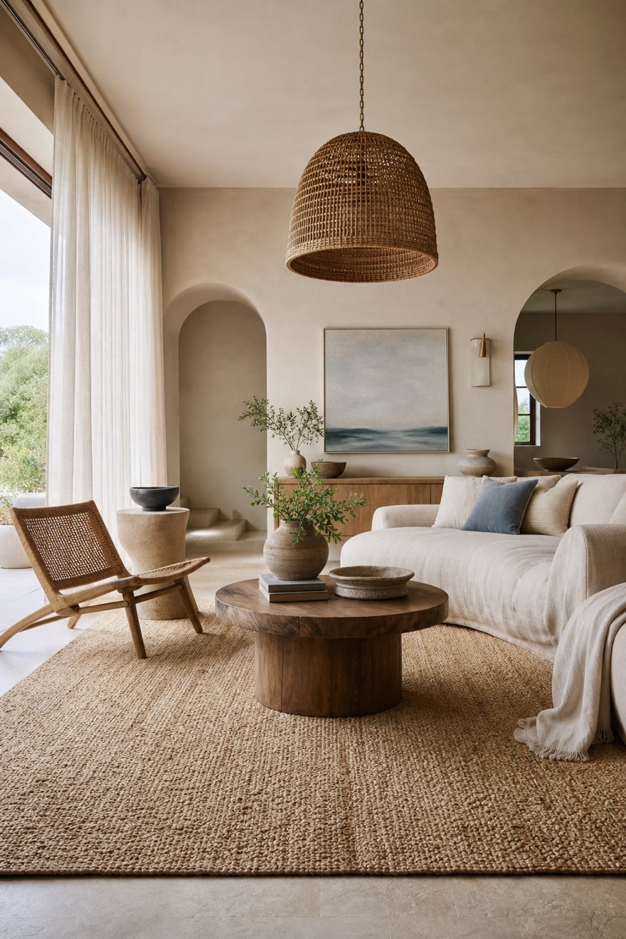 Coastal living room with a jute rug, cane-and-rattan chair and woven pendant — natural fiber texture