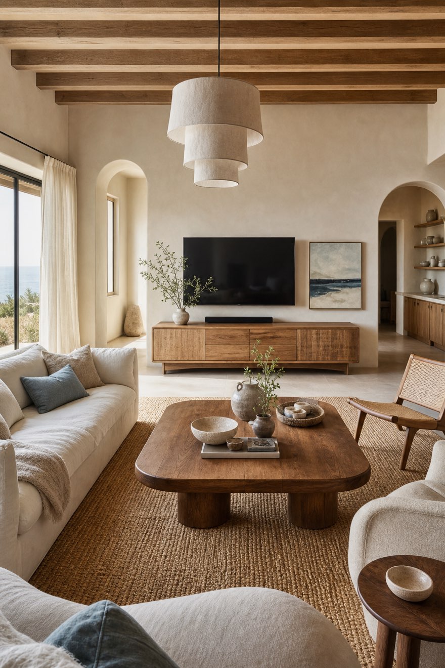 Modern coastal living room with warm weathered oak and walnut, not bleached driftwood