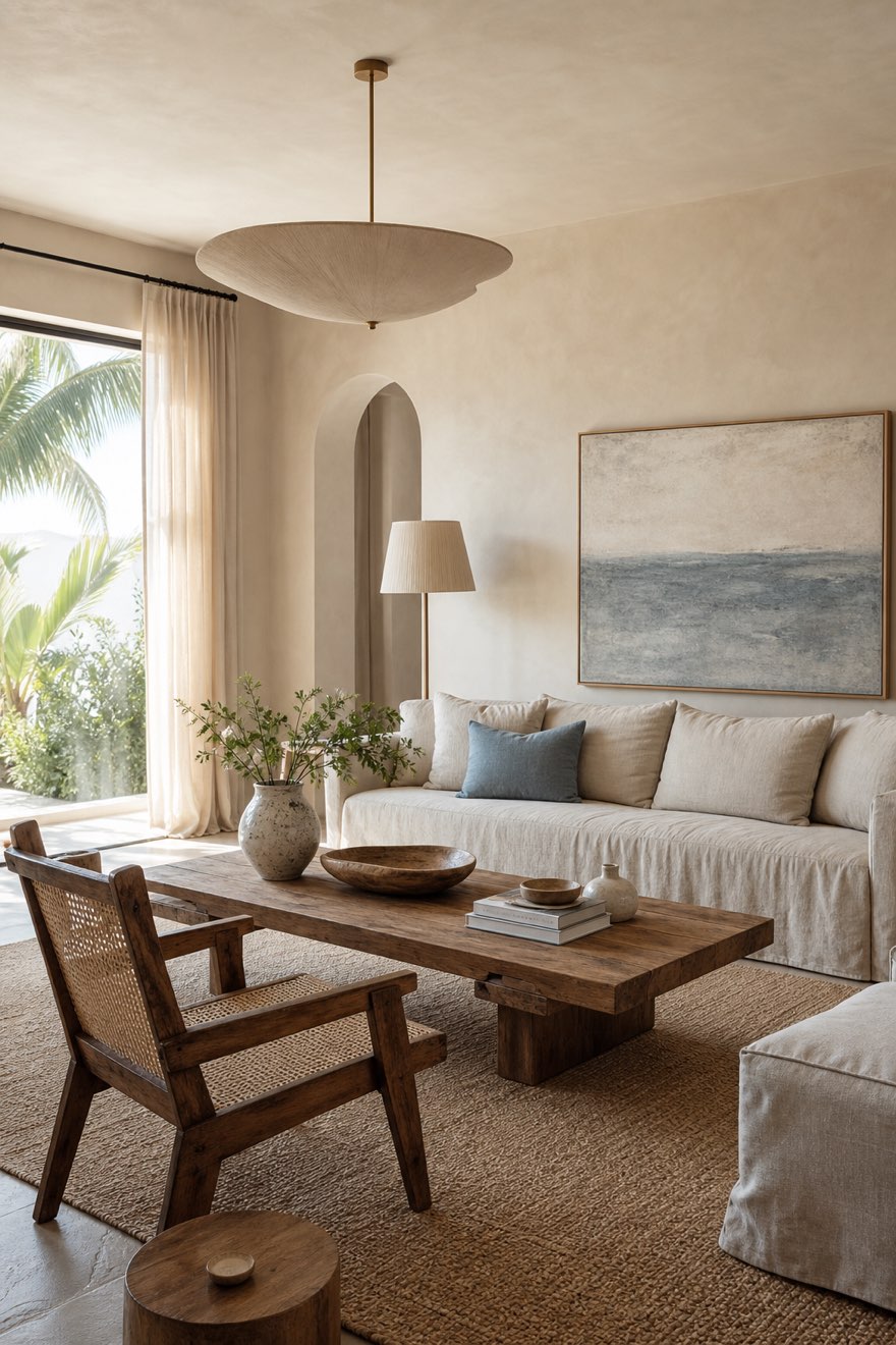Modern coastal living room with a linen slipcovered sofa and one soft blue accent — coastal decor