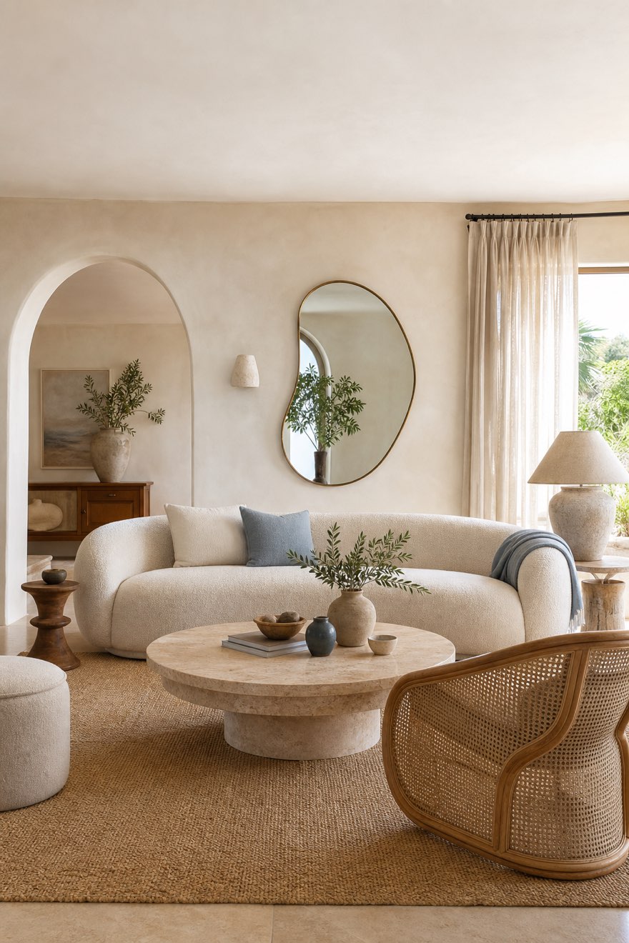 Modern coastal living room with a curved sofa, arched opening and organic mirror