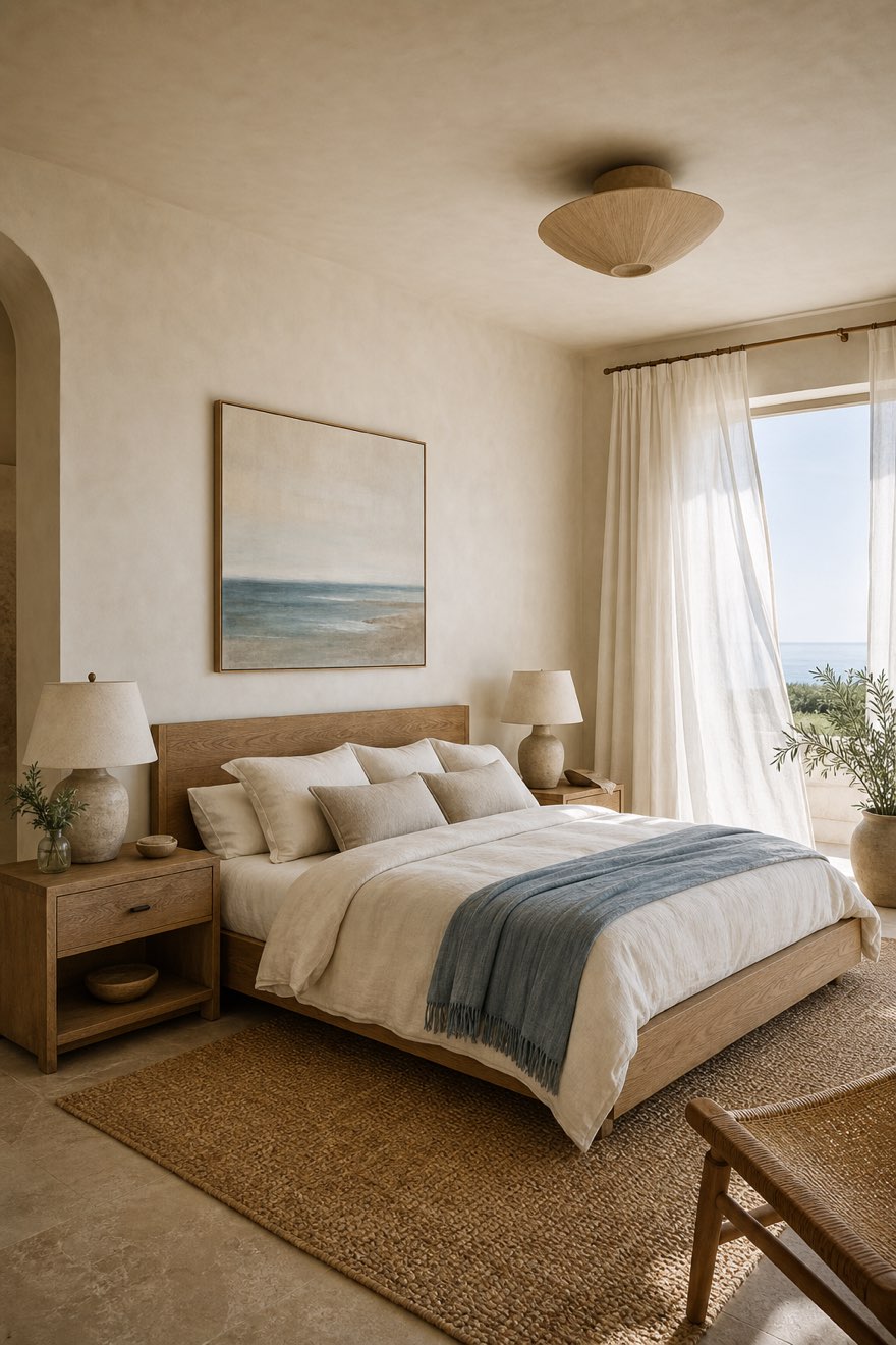 Breezy coastal bedroom with layered linen bedding, warm oak bed and one soft slate-blue throw
