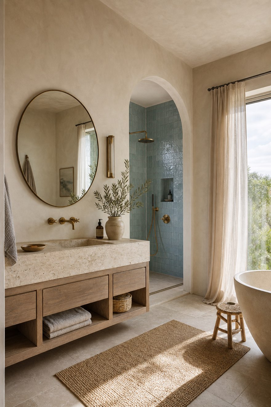 Calm modern coastal bathroom with travertine vanity, brushed brass and sea-glass tile