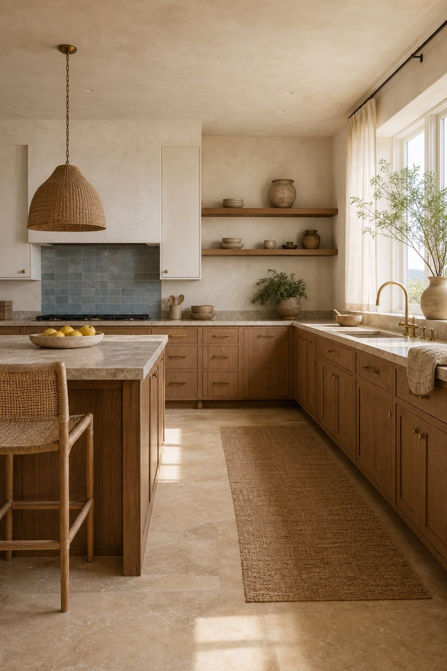 Warm open coastal kitchen with weathered-oak cabinets, brass tap and sea-glass backsplash
