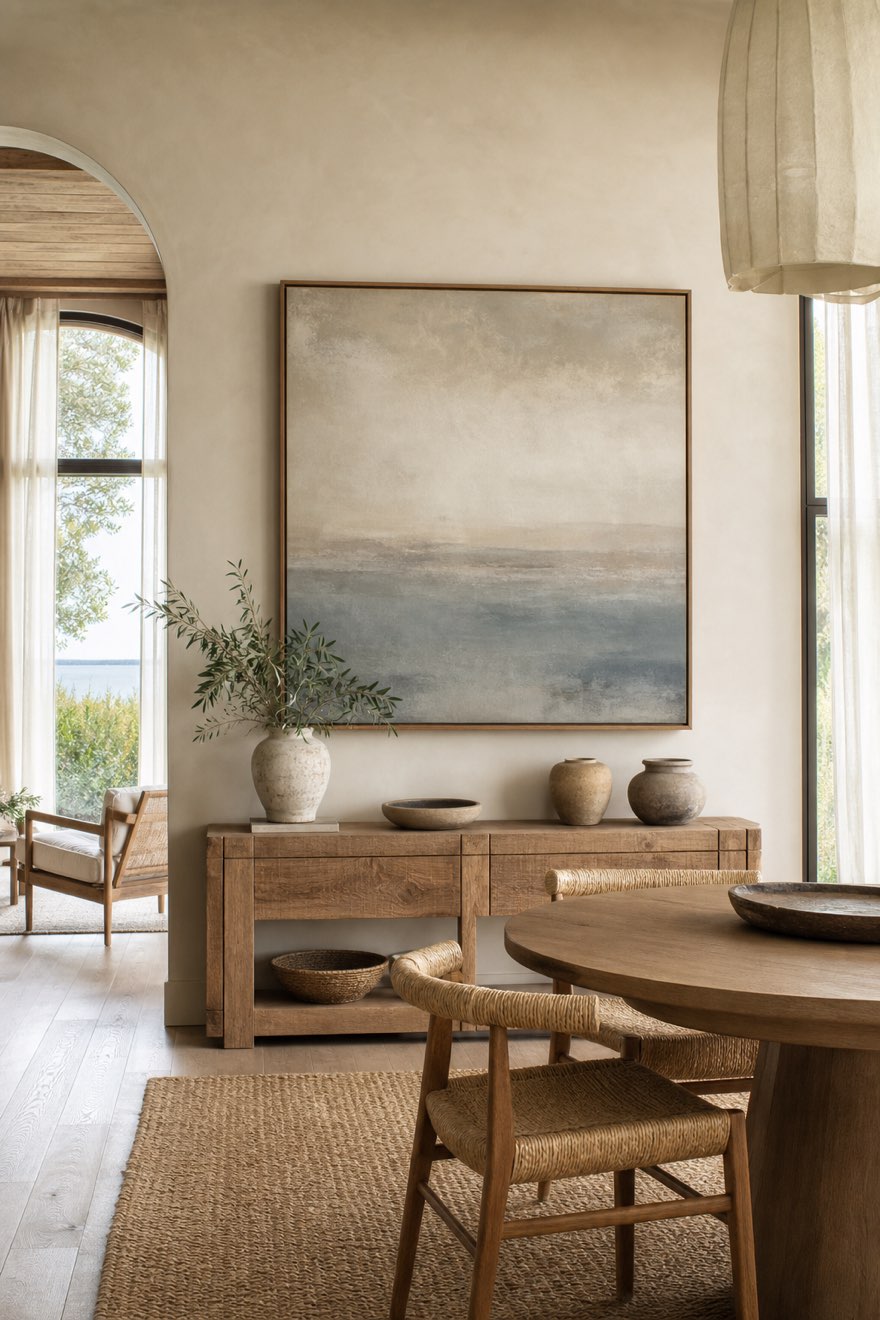 Large abstract ocean horizon artwork in soft sand and dusty blue over a weathered-oak console
