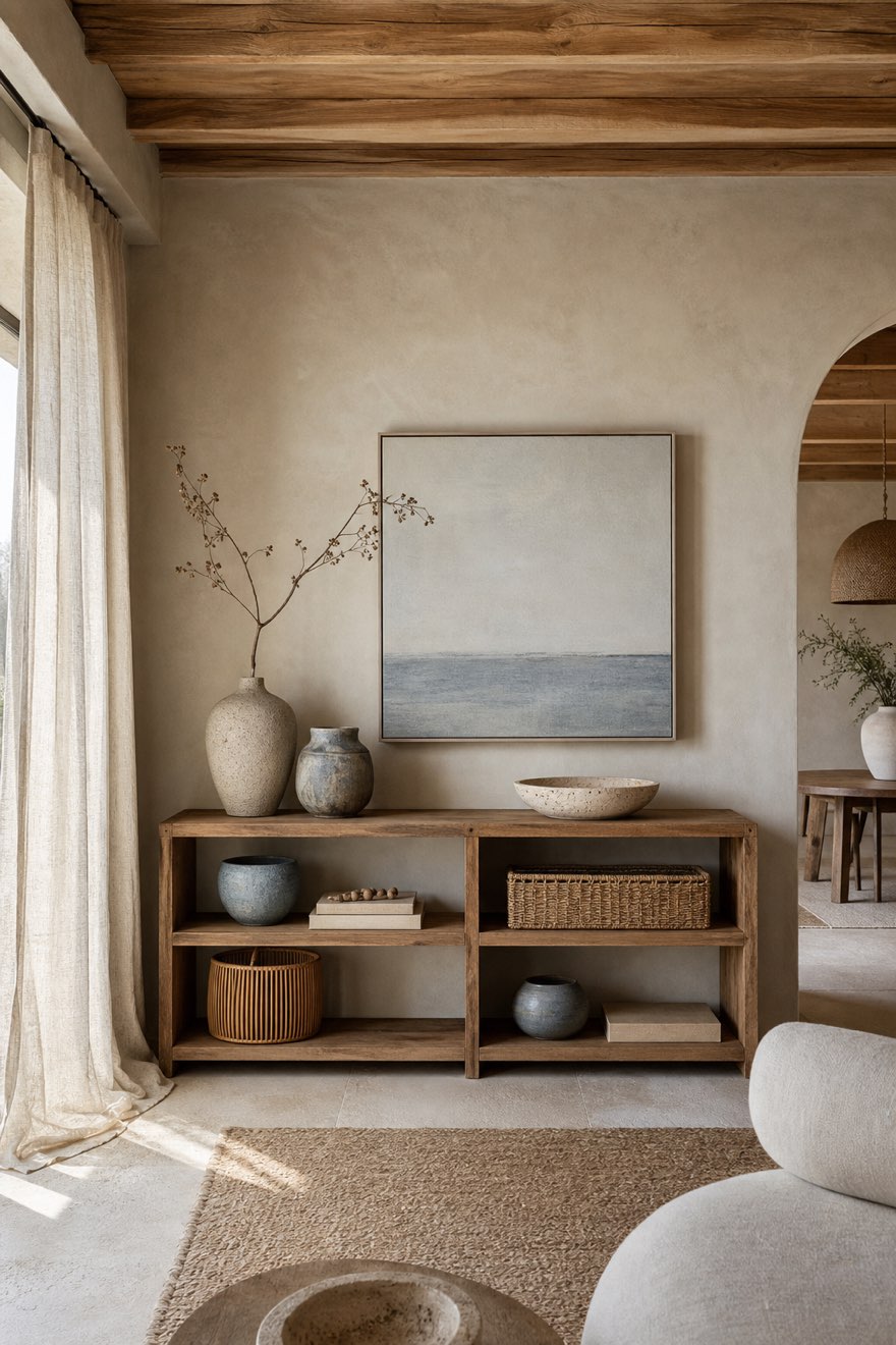Coastal styling with hand-thrown ceramics and woven texture — no seashell clichés