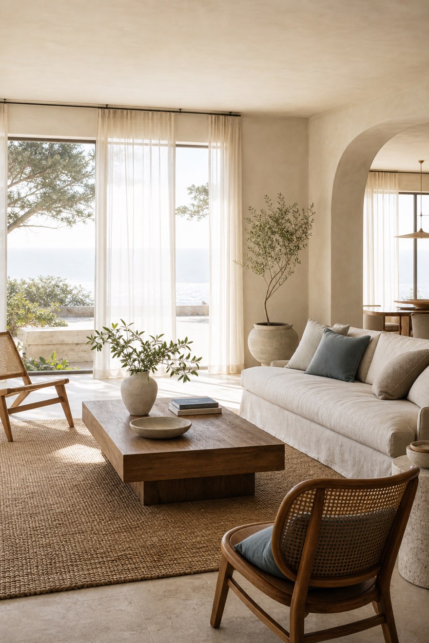 Light-filled modern coastal living room with sheer linen curtains and big bright windows