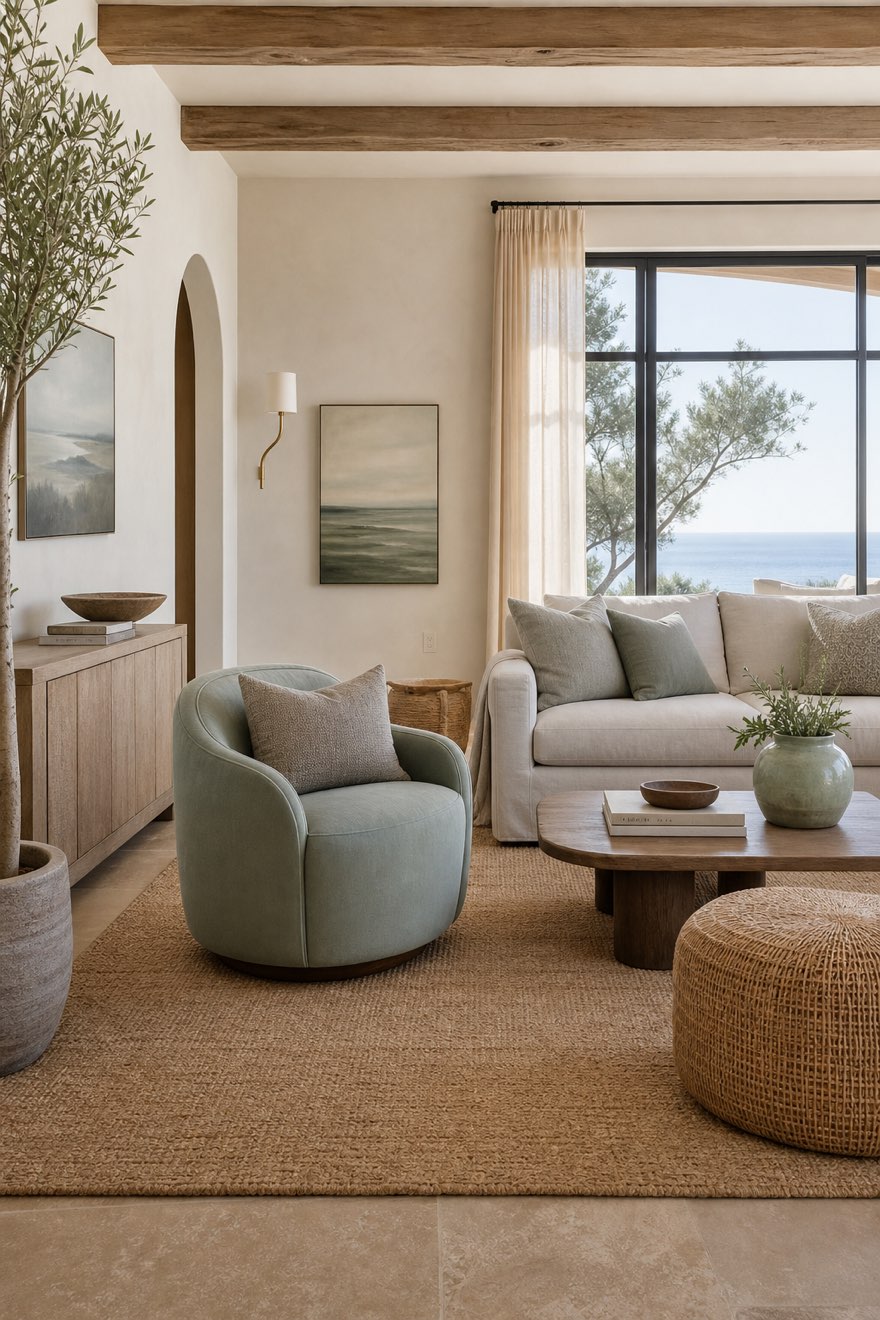 Modern coastal living room with a muted sea-glass green chair as the only color accent