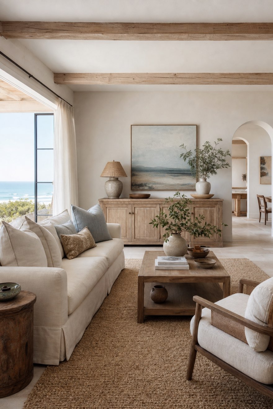Refined coastal grandmother living room with a skirted linen sofa and collected pieces