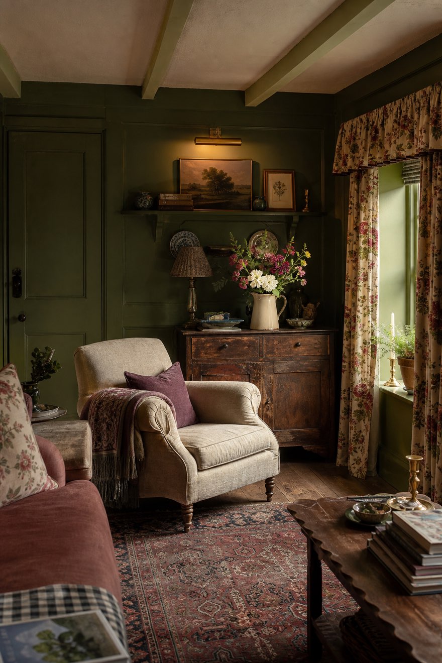 Cozy English country living room color-drenched in deep mossy green with a brown antique cabinet — english country decor