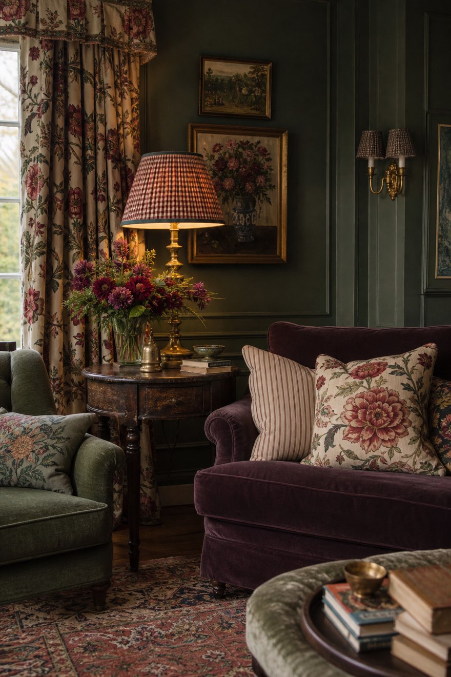 Layered English country pattern: hand-blocked floral curtains, a gingham pleated shade and ticking stripe on a plum wall