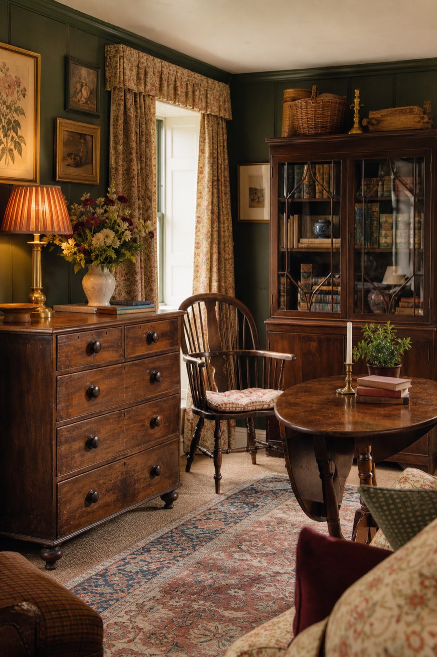 English country room of mixed-era brown antique wood — chest, Windsor chair and glazed bookcase against deep green walls