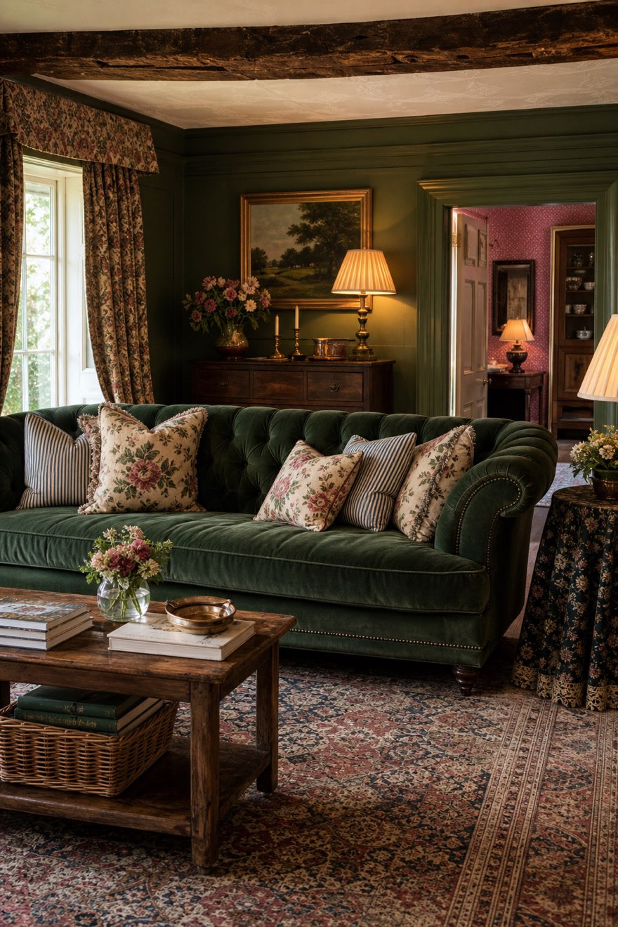 Deep green velvet button-back Chesterfield sofa with layered floral and ticking cushions in an English country living room