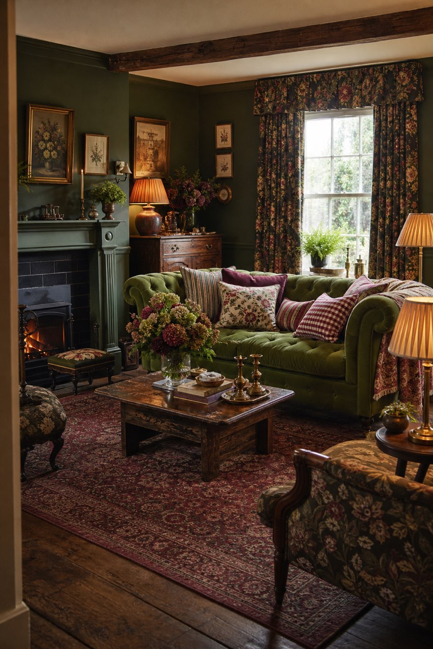Cozy English country living room with a green velvet sofa, lit fireplace, floral curtains and a faded antique rug
