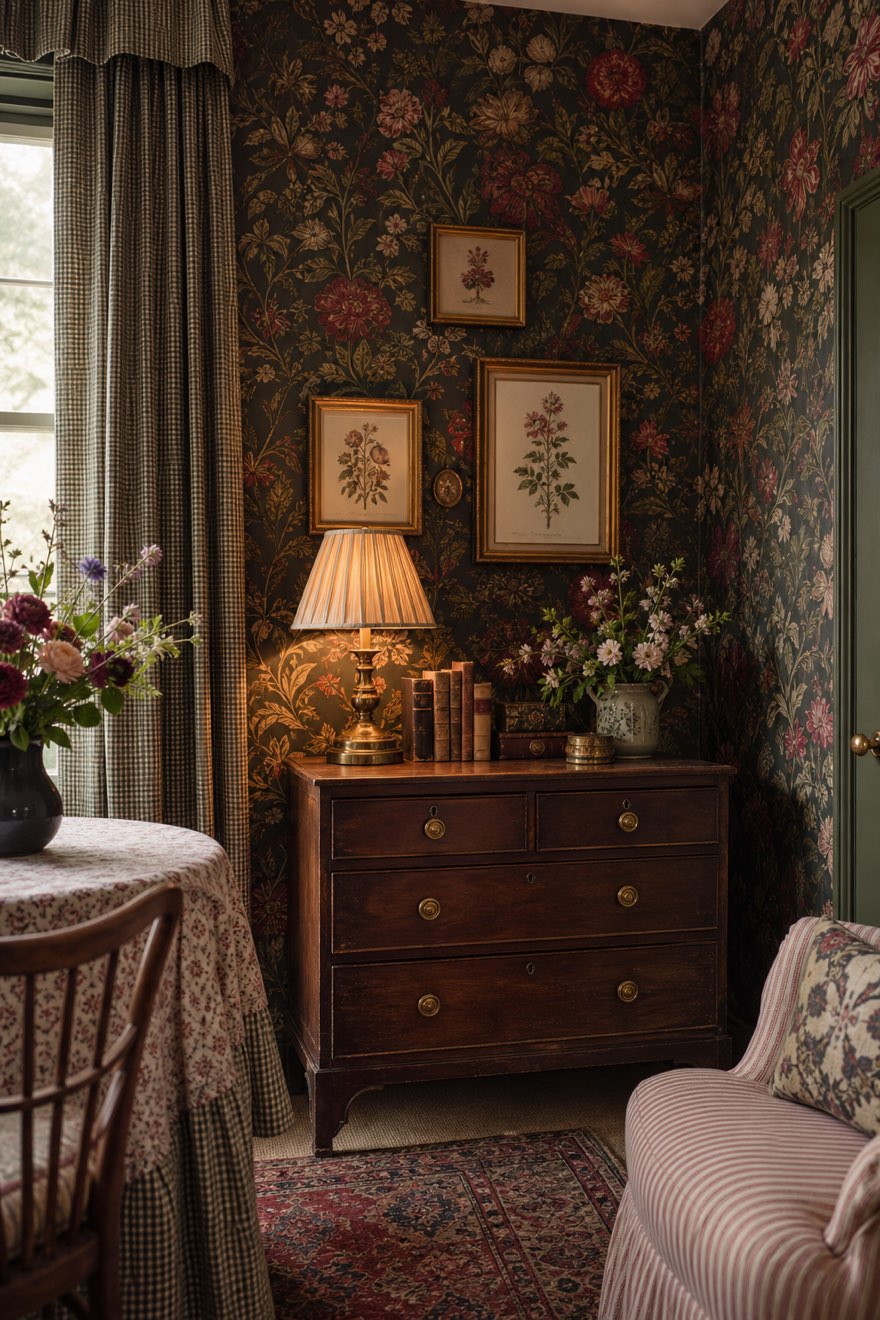 Dark botanical floral wallpaper in an English cottage corner with a brown antique chest and a pleated brass lamp