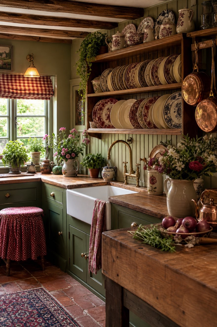 English cottage kitchen with deep green cabinets, a wooden plate rack of patterned china and hanging copper pans
