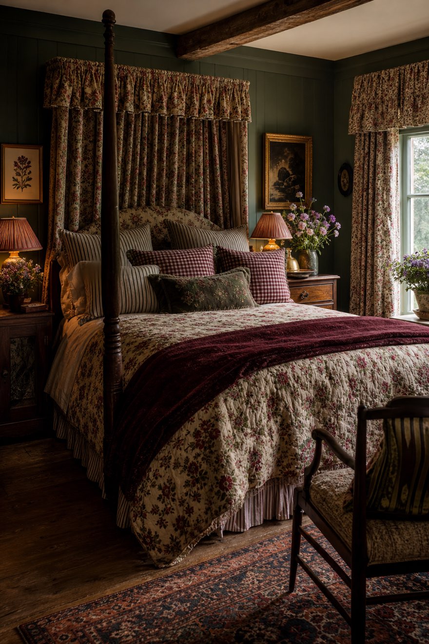 Cozy English country bedroom with a four-poster, floral pelmet curtains and layered floral, ticking and oxblood bedding
