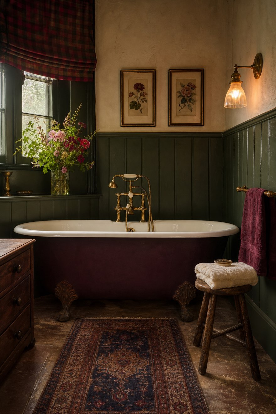 English country bathroom with green tongue-and-groove paneling, an oxblood roll-top tub and antique brass taps