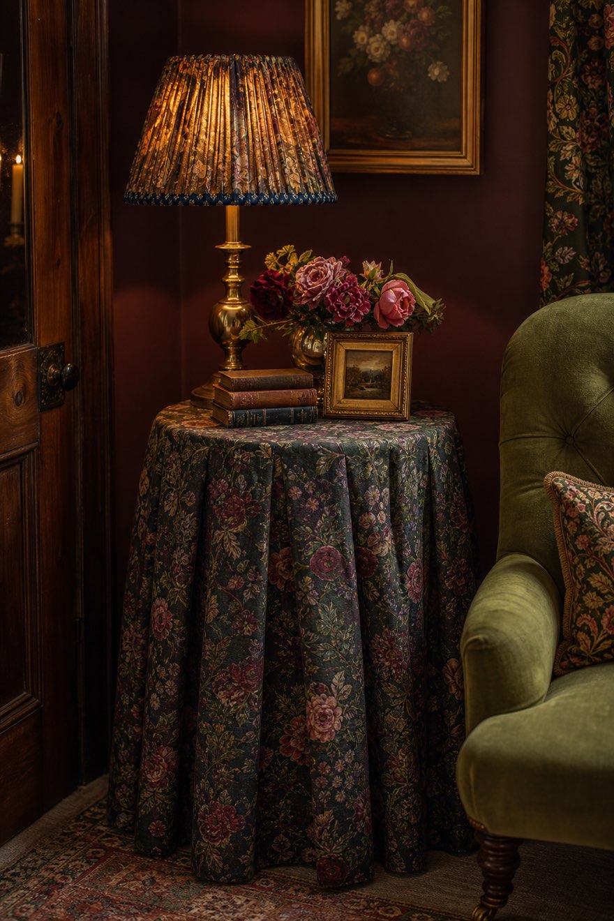 Round skirted floral table with a pleated brass lamp — the grandmillennial detail in an English country room