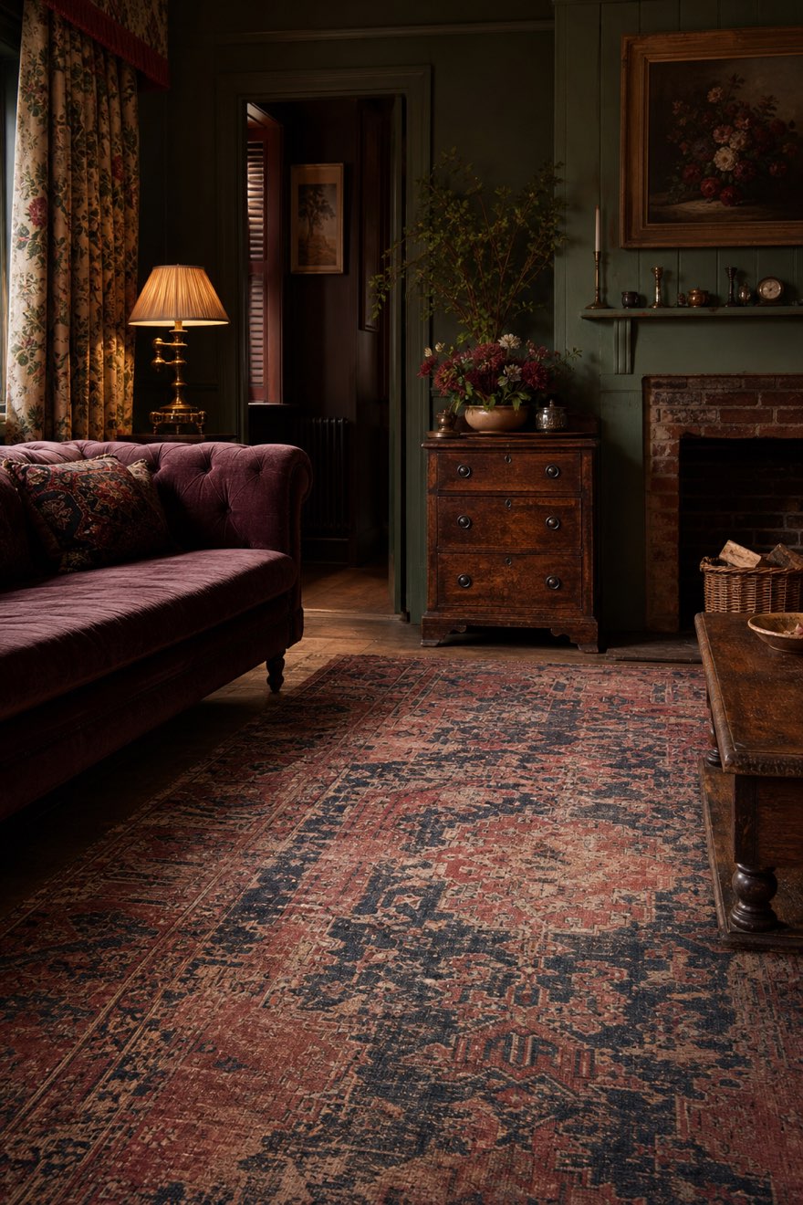 Faded antique Persian rug with worn red and indigo patina anchoring a moody English country sitting room