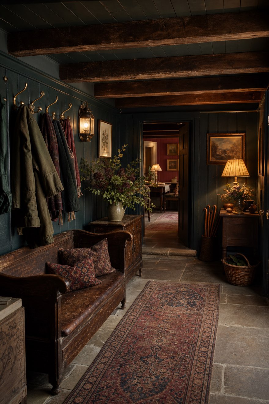 Deep green tongue-and-groove paneling and exposed timber beams in a cozy English country boot room