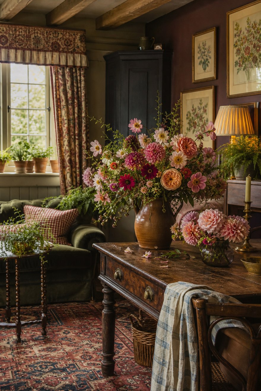 Loose jug of fresh-cut garden dahlias and roses on a brown antique table against a plum English country wall