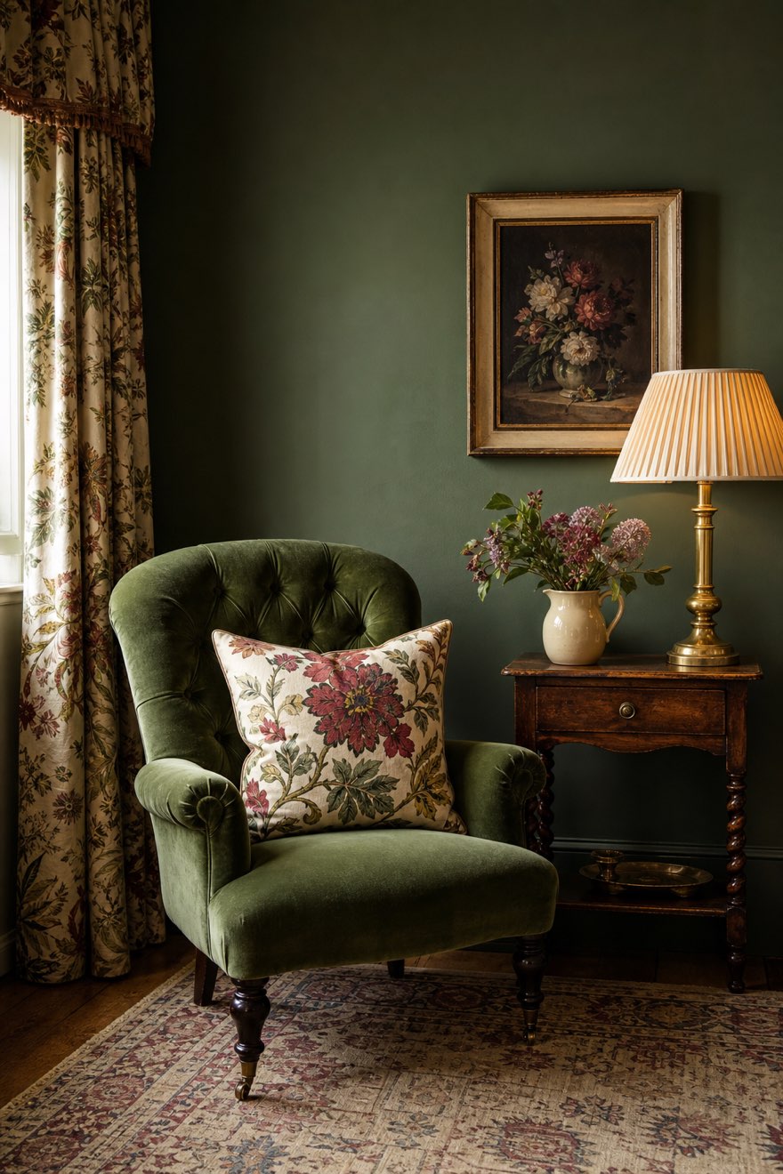 Edited modern English country corner: one green velvet chair and a single bold hand-blocked floral cushion
