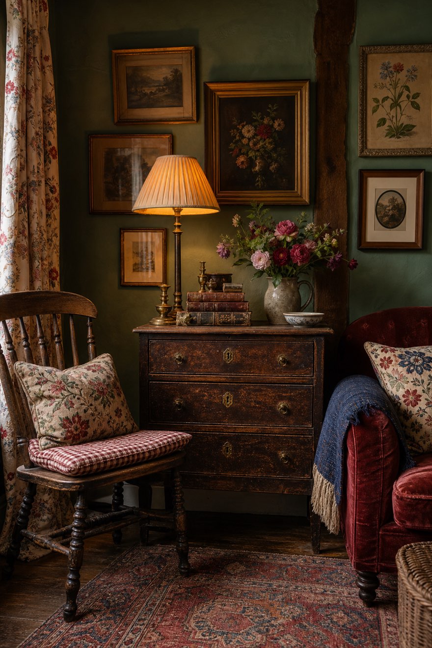 Collected-over-time English country corner with a worn antique chest, salon-hung art and a flea-market chair