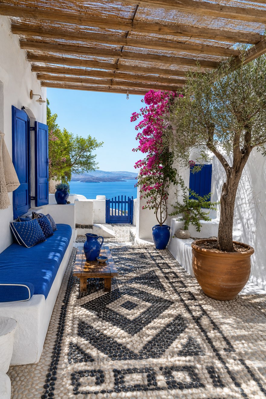 Whitewashed Greek courtyard with black-and-white pebble mosaic floor, cobalt cushions and dappled pergola light