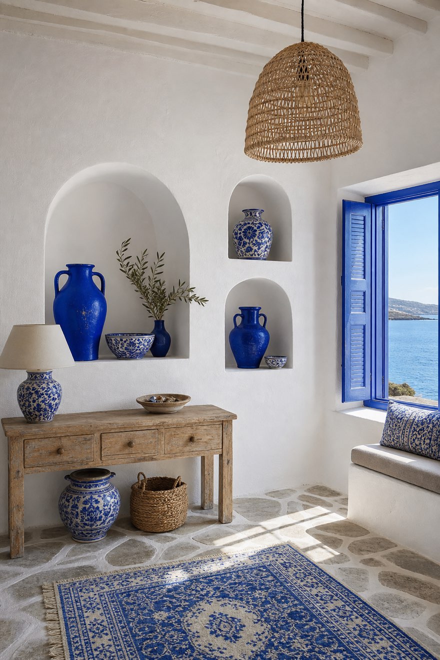 Arched plaster niches styled with cobalt and blue-and-white pottery — greek island decor wall