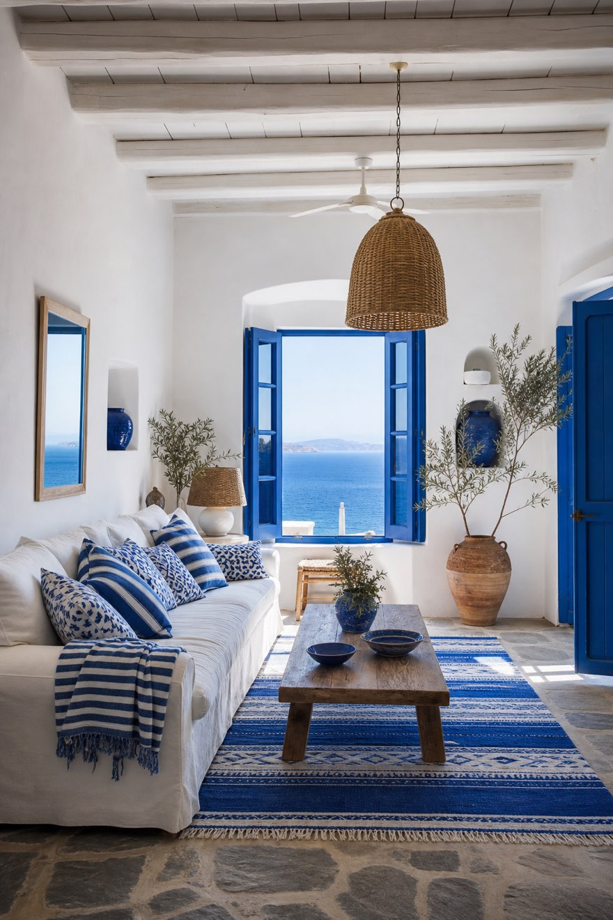 Blue and white decor living room with layered striped and block-print cushions and a flat-woven cobalt rug