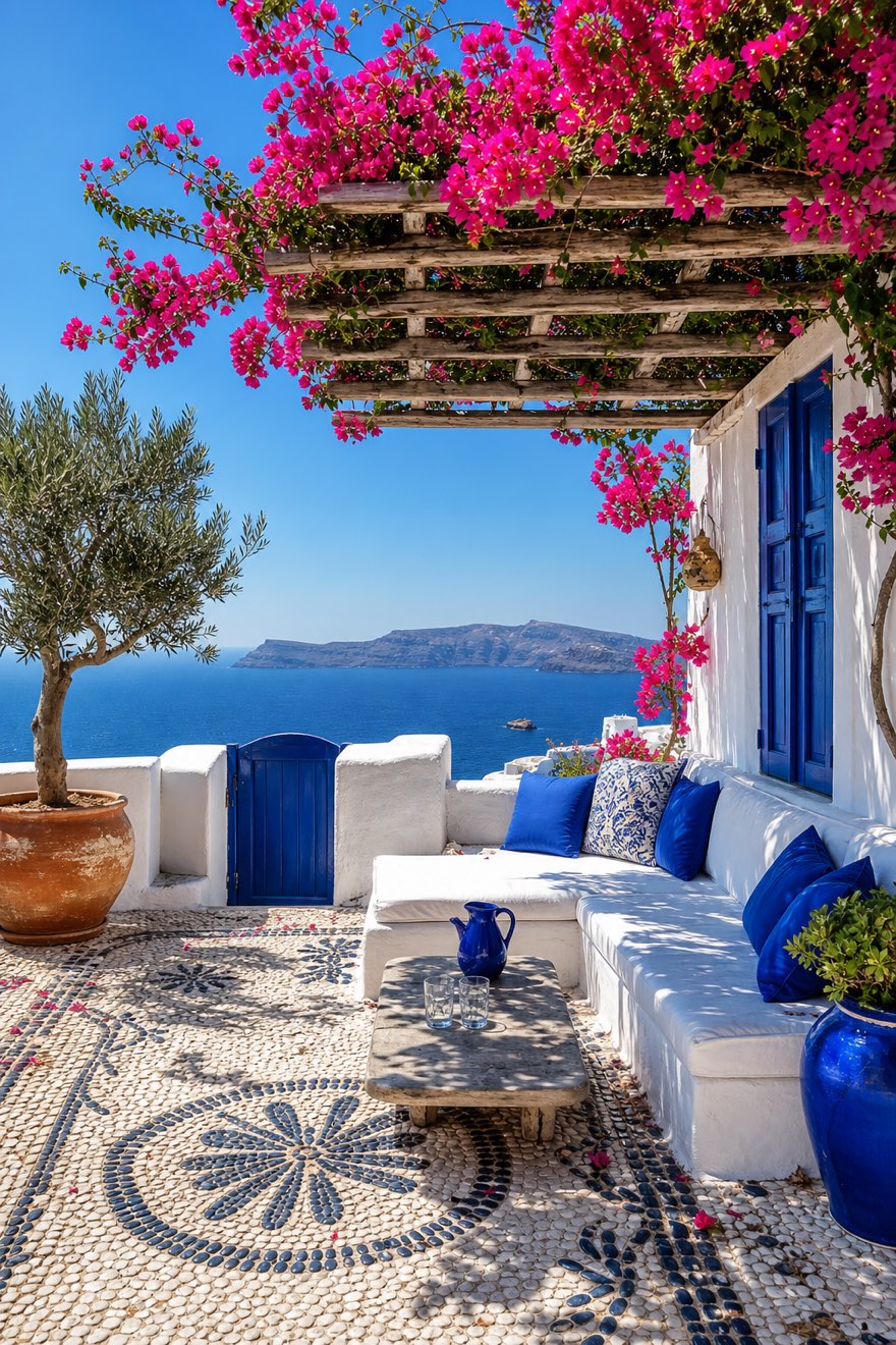 Bougainvillea-covered pergola over a white built-in daybed with cobalt cushions and an Aegean sea view