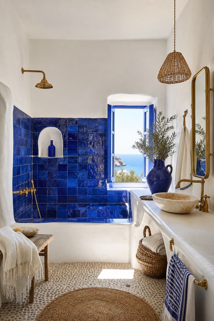 Greek bathroom decor: cobalt zellige tile tub zone, brass fixtures and a bright sea-view window