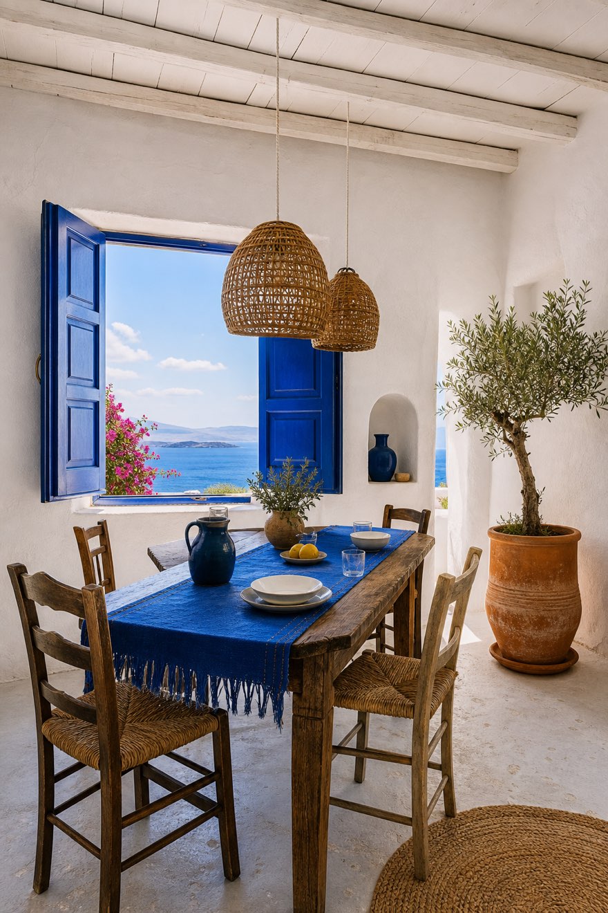 Greek dining corner with rattan pendant lights, whitewashed beams and a fringed cobalt table runner
